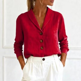 Linen Look Shawl Collar Long Sleeve Blouse Linen Look Shawl Collar Long Sleeve Blouse - Image 3