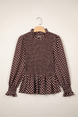 Brown Polka Dot Ruffled High Neck Shirred Ruffle Hem Blouse Brown Polka Dot Ruffled High Neck Shirred Ruffle Hem Blouse - Image 5
