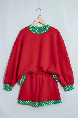 Dark Blue Polka Dot Trim Baggy Pullover 2pcs Short Set - Image 33