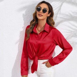 Women's Solid Color Satin Satin Long Sleeve Blouse - Image 7