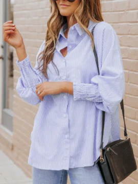 Striped Button Down Smocked Cuff Shirt - Image 4