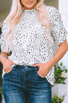 Leopard Smocking Detail Bubble Sleeve Blouse Leopard Smocking Detail Bubble Sleeve Blouse - Image 8