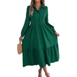 Long Sleeve Tiered Button Down Midi Shirt Dress with Pockets - Image 5