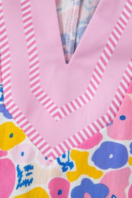 Pink Playful Floral Print Striped Color Block Patchwork V Neck Flutter Sleeve Blouse - Image 7