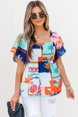 Sky Blue Tropical Babydoll Blouse | Square Neck Top