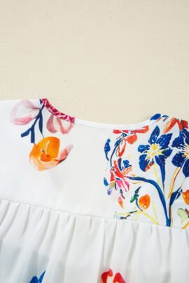 White Floral Print Tassel Tie Bracelet Sleeve Flowy Blouse - Image 6