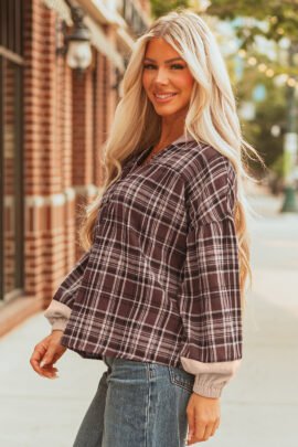 Brown Plaid Patchwork Long Sleeve Button Hooded Blouse Brown Plaid Patchwork Long Sleeve Button Hooded Blouse - Image 3