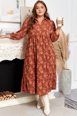 Cinnamon Plus Size Textured 3D Flower Pattern Ruffle Hem 3/4 Sleeve Long Dress - Image 7