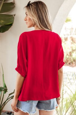 Racing Red Braided Trim V Neck Half Sleeve Blouse Racing Red Braided Trim V Neck Half Sleeve Blouse - Image 2