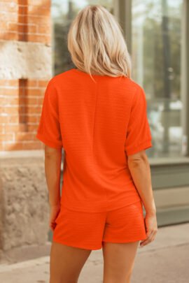 Orange Textured V Neck T Shirt and Shorts Set Orange Textured V Neck T Shirt and Shorts Set - Image 2