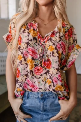 Floral Ruffle V-Neck Tie Front Blouse Floral Ruffle V-Neck Tie Front Blouse - Image 3