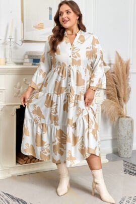 Khaki Patterned Ruffled Sleeve Half Placket Tiered A-line Plus Size Long Dress Khaki Patterned Ruffled Sleeve Half Placket Tiered A-line Plus Size Long Dress - Image 7