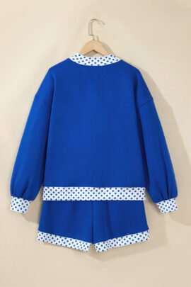 Dark Blue Polka Dot Trim Baggy Pullover 2pcs Short Set - Image 2