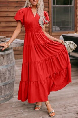 Bright Green Solid Color V Neck Short Puff Sleeve High Waist Tiered Maxi Dress Bright Green Solid Color V Neck Short Puff Sleeve High Waist Tiered Maxi Dress - Image 4