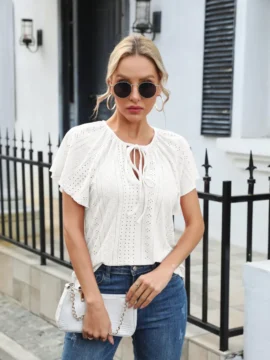 Eyelet Lace Tie Neck Flutter Sleeve Blouse Eyelet Lace Tie Neck Flutter Sleeve Blouse - Image 7