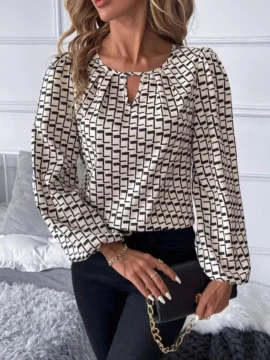 Geometric Print Keyhole Lantern Sleeve Blouse