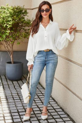 White Ruffle Elastic Cuffs Puffy Long Sleeve Button Down Shirt - Image 8