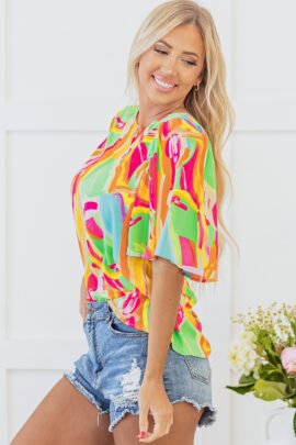 Multicolour Abstract Print Keyhole Back Pleated Half Sleeve Blouse Multicolour Abstract Print Keyhole Back Pleated Half Sleeve Blouse - Image 4