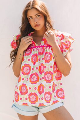 Rose Floral Ruffled Sleeve Ric-rac Trim Split Neck Loose Blouse Rose Floral Ruffled Sleeve Ric-rac Trim Split Neck Loose Blouse - Image 5