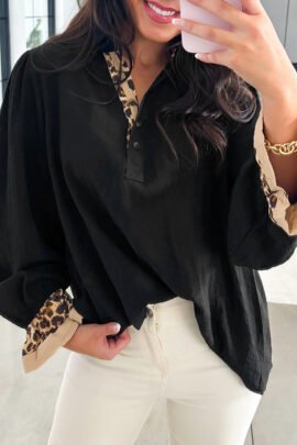 Camel Contrast Leopard Print Patchwork Polo Collar Buttons Front Ruffled Long Sleeve Blouse Camel Contrast Leopard Print Patchwork Polo Collar Buttons Front Ruffled Long Sleeve Blouse - Image 4