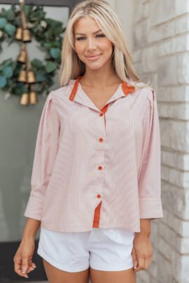 Khaki Stripe Color Block Patchwork Detail Frilled Collar Button Down Shirt Khaki Stripe Color Block Patchwork Detail Frilled Collar Button Down Shirt - Image 5