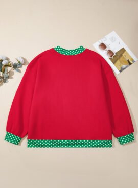 Racing Red Polka Dot Patchwork Round Neck Plus Size Sweatshirt - Image 5