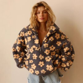 Oversized Floral Teddy Sherpa Fleece Half-Zip Jacket