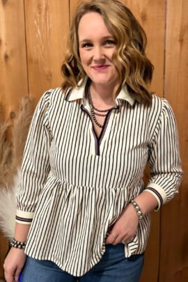 Black Stripe Patchwork Striped V Neck Tunic Plus Size Blouse - Image 2