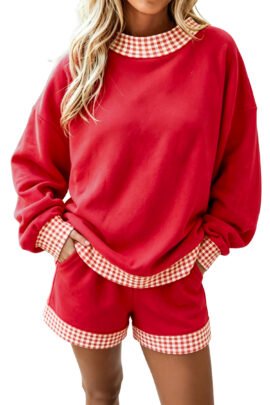 Dark Blue Polka Dot Trim Baggy Pullover 2pcs Short Set - Image 18