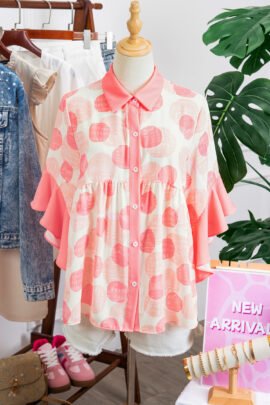 Pink Double Polka Dot Printed Ruffle Trim Short Sleeve Babydoll Shirt - Image 8