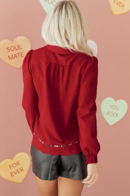 Fiery Red Collar V Neck Leopard Contrasted Trim Textured Blouse - Image 2