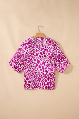 Rose Leopard Print V Neck Puffy Half Sleeve Blouse - Image 5