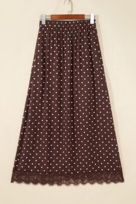 Brown Polka Dot Lace Hem Elegant Long Shift Skirt - Image 5
