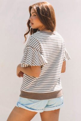 Parchment Contrast Detail Striped Ruffle Short Sleeve Top Parchment Contrast Detail Striped Ruffle Short Sleeve Top - Image 2