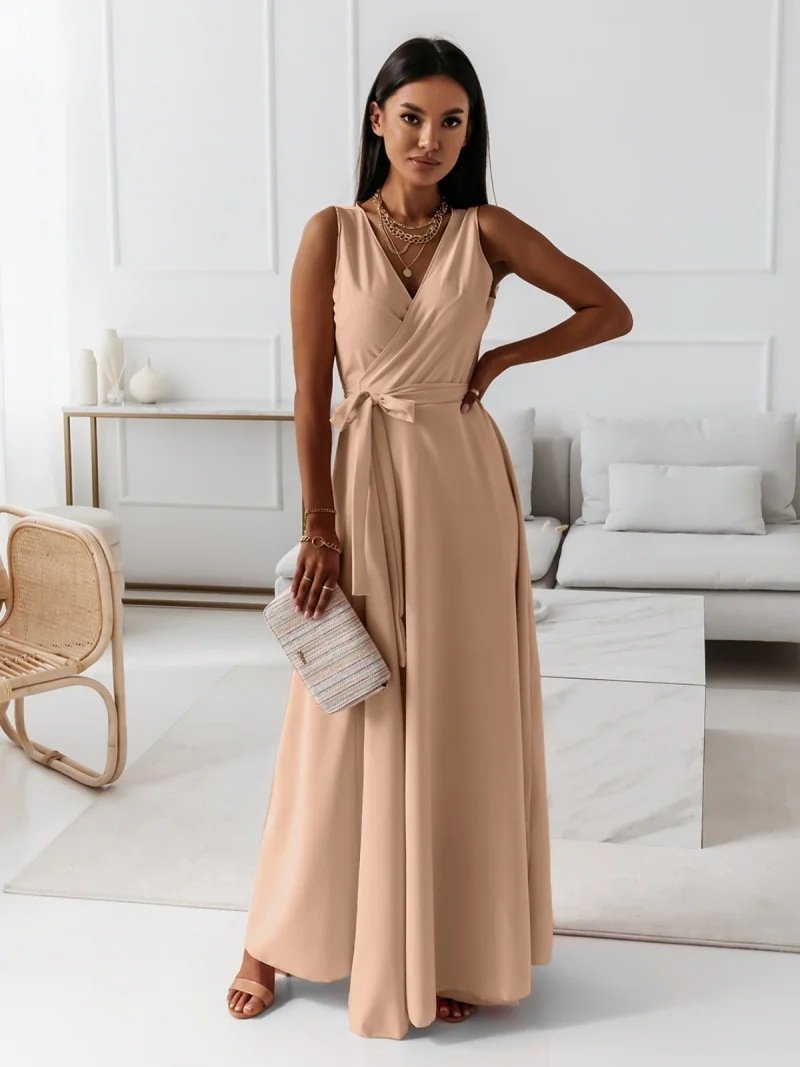 V-neck Sleeveless Dress With Belt Summer Fashion Party Club Evening Maxi Dresses For Women Clothing V-neck Sleeveless Dress With Belt Summer Fashion Party Club Evening Maxi Dresses For Women Clothing - Image 2