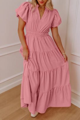 Bright Green Solid Color V Neck Short Puff Sleeve High Waist Tiered Maxi Dress Bright Green Solid Color V Neck Short Puff Sleeve High Waist Tiered Maxi Dress - Image 10