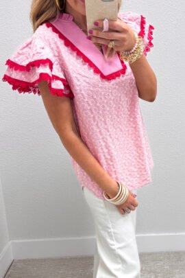 Pink Eyelet Embroidered Flower Texture Contrast Lace Trim Flutter Sleeve Blouse Pink Eyelet Embroidered Flower Texture Contrast Lace Trim Flutter Sleeve Blouse - Image 3