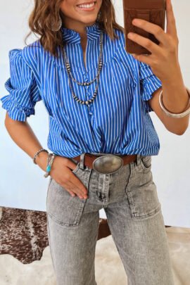 Blue Stripe Ruffled Short Puff Sleeve Button Front Blouse - Image 3