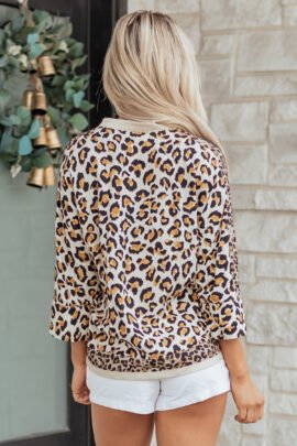 Khaki Mixed Leopard Patchwork 3/4 Sleeve Loose Shirt - Image 2