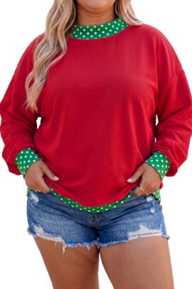 Racing Red Polka Dot Patchwork Round Neck Plus Size Sweatshirt - Image 11