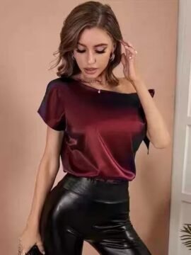 Tied Single Shoulder Short Sleeve Blouse Tied Single Shoulder Short Sleeve Blouse - Image 4