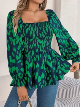 Leopard Print Smocked Square Neck Blouse Leopard Print Smocked Square Neck Blouse - Image 16
