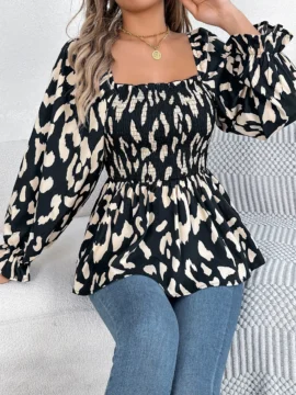 Leopard Print Smocked Square Neck Blouse Leopard Print Smocked Square Neck Blouse - Image 5