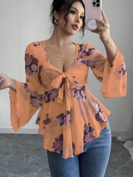Sweet Floral Ombre Tie-Back Square Neck Long Sleeve Blouse Sweet Floral Ombre Tie-Back Square Neck Long Sleeve Blouse - Image 9