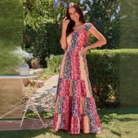 Bohemian Multi-Color Patchwork Smocked Maxi Dress