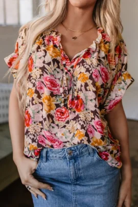 Floral Ruffle V-Neck Tie Front Blouse