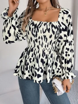 Leopard Print Smocked Square Neck Blouse Leopard Print Smocked Square Neck Blouse - Image 11