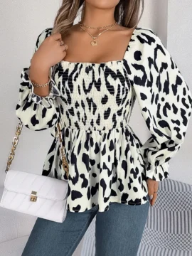 Leopard Print Smocked Square Neck Blouse Leopard Print Smocked Square Neck Blouse - Image 12
