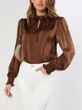 Satin Tie Neck Lantern Sleeve Blouse - Image 4