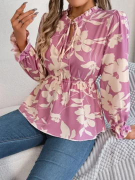 Floral Print Mock Neck Peplum Blouse - Image 6